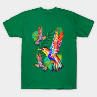 Hummingbird Watercolor Art Floral Pattern T-Shirt